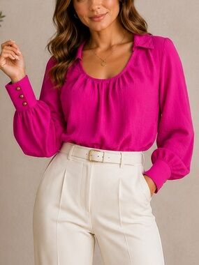 Ivy Jane Balloon Sleeve Blouse Size Large Hot Pink Collared